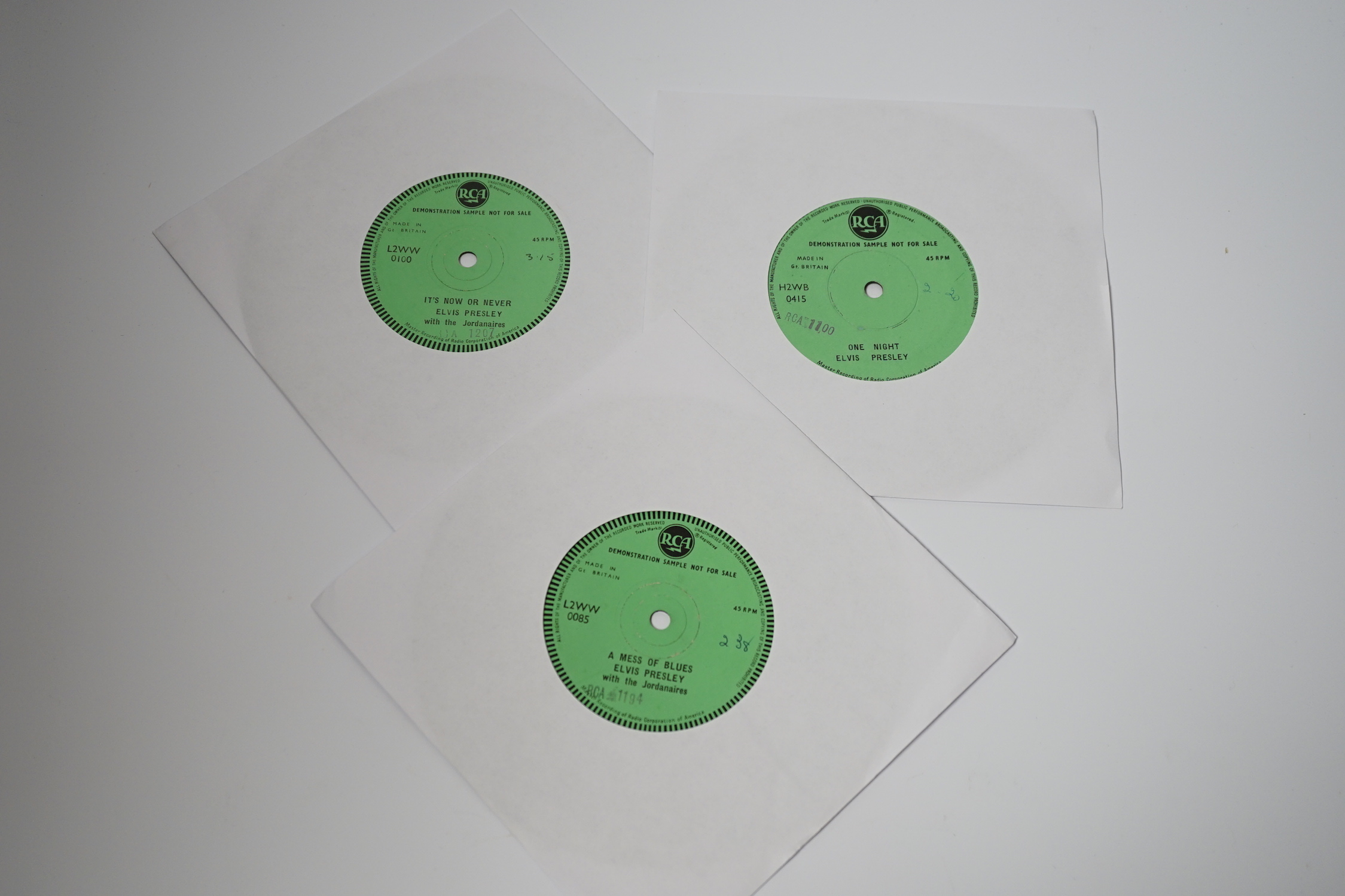 Three Elvis Presley original RCA Demonstration Record one sided 7” singles; It’s Now or Never (L2WW 0100), One Night (H2WB 0415) and A Mess of Blues (L2WW 0085)